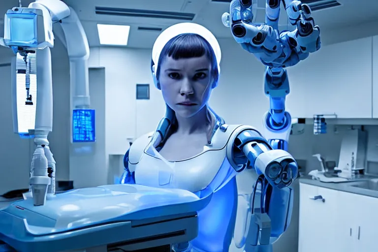 Image similar to promotional image from a sci - fi movie, a cyborg girl on the operation table in a dark dystopian lab, soft blue light, a cyborg surgeon robot, medical equipment, 8 k, cinematic, very detailed face, movie still frame, promotional image, imax 7 0 mm footage