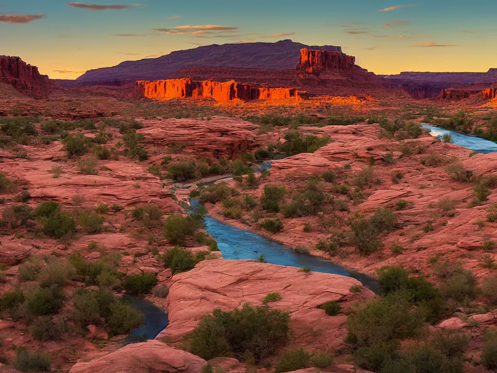 Prompt: “a river running through a canyon surrounded by desert mountains at sunset, moab, utah, a tilt shift photo by Frederic Church, trending on unsplash, hudson river school, photo taken with provia, national geographic photo, tilt shift”