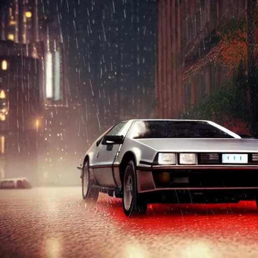 Image similar to hyperdetailed, photorealistic photograph of a dmc 1 2 delorean driving in the streets, rain, night, dense fog, hd, unreal engine 5