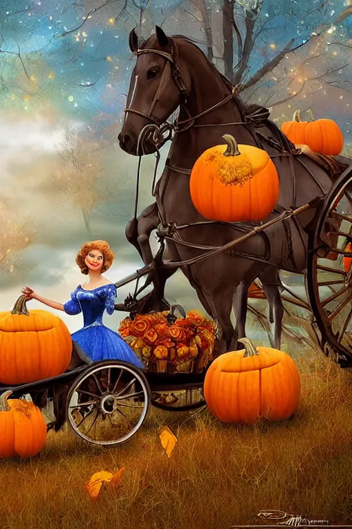 Prompt: beautiful mystical digital painting cinderella and horsedrawn pumpkin carriiage by argerm