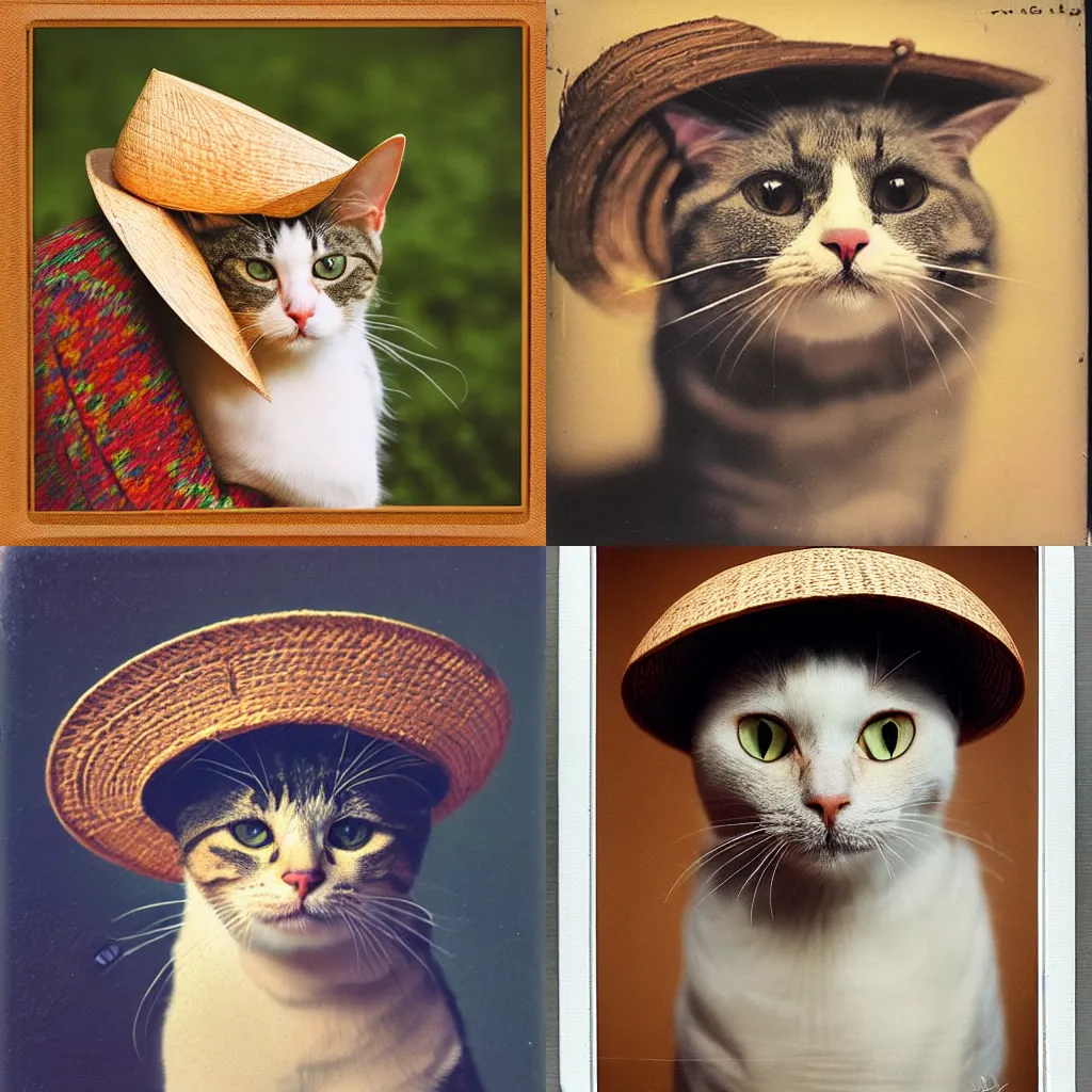 Image similar to A portrait of a cat wearing a small vietnamese straw hat, award winning photo, polaroid, color photo