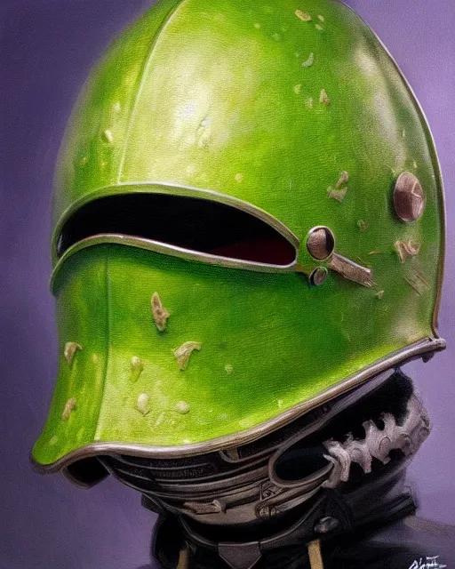 Prompt: hyper realistic oil painting of a green toad in a knight helmet with opened visor, vibrant colors, high contrast, hyper detailed, trending on artstation