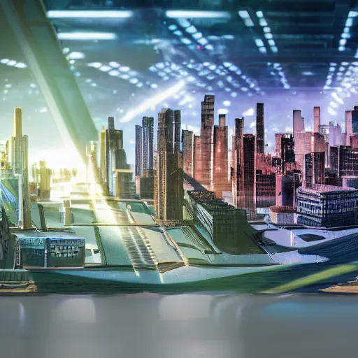 Image similar to large group people in a warehouse, looking at small hologram of futuristic city on a table, cinematic concept art, godrays, golden hour, natural sunlight, 4 k, clear details, tabletop model buildings, tabletop model, hologram center, crane shot