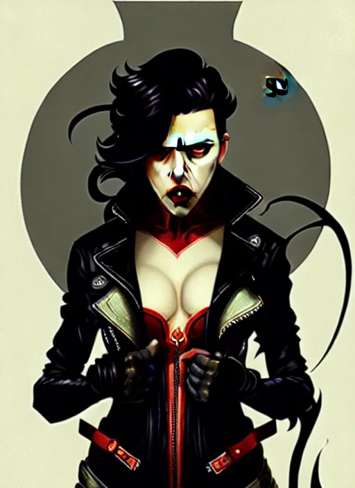 Image similar to rafael albuquerque comic art, art nouveau, peter mohrbacher, artgerm, pretty scarlett johansson vampire sharp vampire teeth open mouth, symmetrical eyes, black leather jacket, jeans, long blonde hair, full body