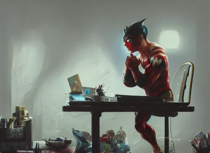 Image similar to an insanely detailed painting of an asian man wearing a homemade superhero costume, sitting at a desk, staring seriously at the computer and typing, in the style of peter mohrbacher, james jean, artgerm, dramatic lighting and composition, surreal background, octane render, pixar, trending on artstation, concept art, comic book, view from behind, 8 k