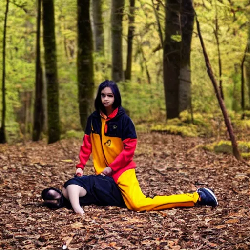 Image similar to young female wearing a yellow velor sweat suit lying dead on the ground in a forest covered by dark colored leaves and twigs