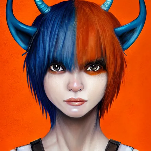 Image similar to illustrated realistic portrait female ORANGE SKIN prong-horned kobold with blue bob hair and solid dark eyes wearing strap leather armor by rossdraws