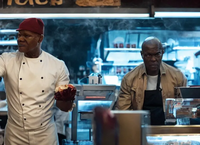 Image similar to film still of Nick Fury working in an Ice Cream shop in the new Avengers movie, 4k