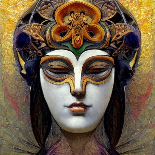 Image similar to masterpiece painting of a facemask made of stylized flowers, by annie swynnerton and jean delville and tino rodriguez and john watkiss, flower mask, art deco shaman, art brut, symbolist, dramatic lighting, god rays, elaborate geometric ornament, clean crisp graphics, soft cool colors, smooth, sharp focus, extremely detailed