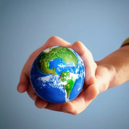 Prompt: a hand holding a miniature version of earth with small clouds floating around it