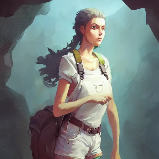 Image similar to portrait, attractive Female adventurer, soft eyes and narrow chin, dainty figure, single strap paint covered overalls, short shorts, combat boots, raining, basic white background, style of by Jordan Grimmer and greg rutkowski, crisp lines and color,