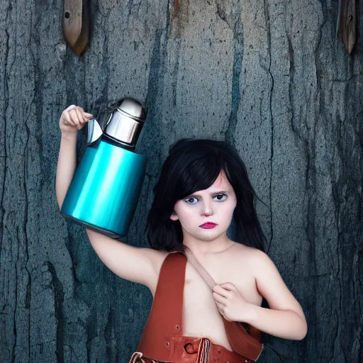 Image similar to a little blue-skinned girl with messy black hair sharp pointed ears freckles along the ridges of her cheeks drinking from a leather flask, dnd triton, high resolution film still, 4k, HDR colors