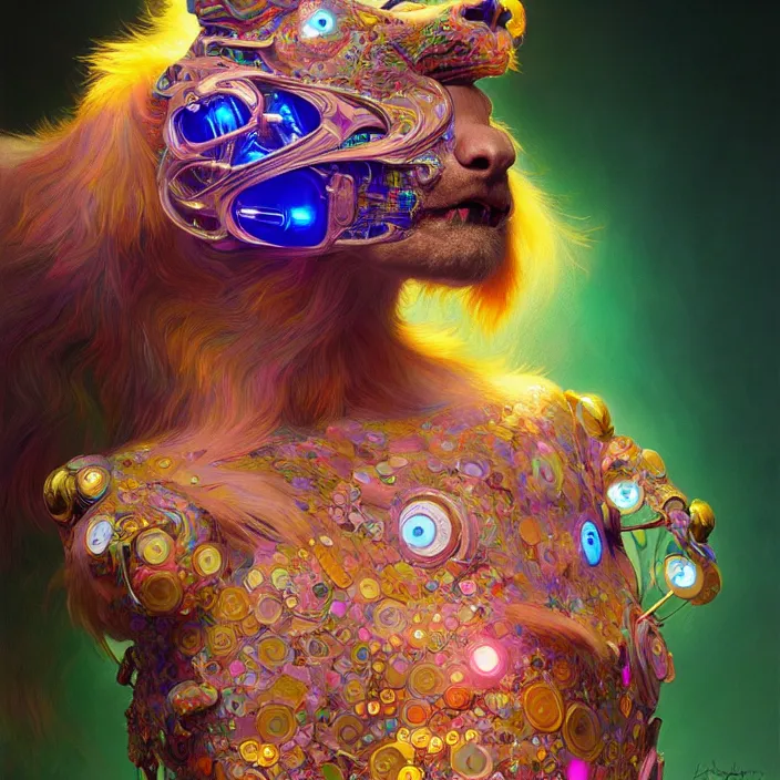 Image similar to bright psychedelic hairy animal cyborg, diffuse lighting, fantasy, intricate, elegant, highly detailed, lifelike, photorealistic, digital painting, artstation, illustration, concept art, smooth, sharp focus, art by John Collier and Albert Aublet and Krenz Cushart and Artem Demura and Alphonse Mucha