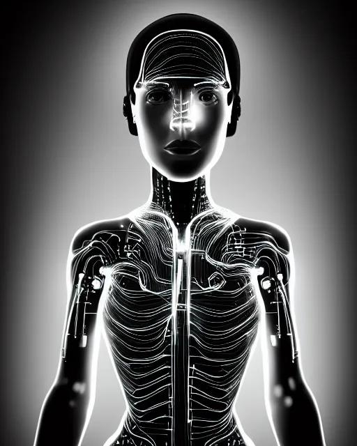 Image similar to black and white artistic photo, full figure, young female cyborg - vegetal, microchip, artificial intelligence, bio - mechanical bio - luminescence, black wired cables, cinematic, rim light, photo - realistic, 8 k