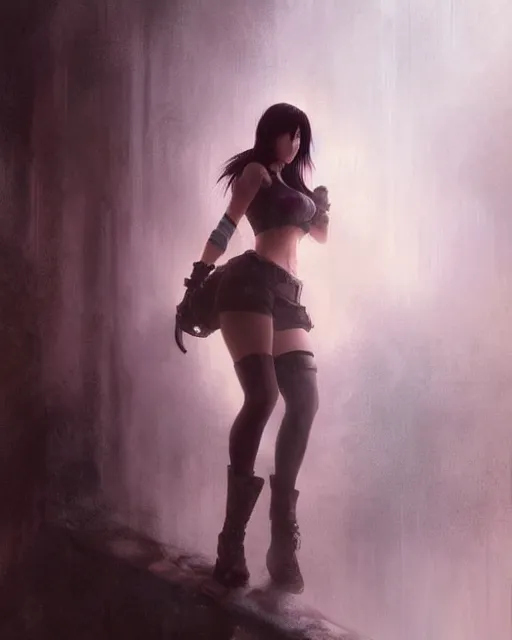 Prompt: beautiful tifa lockhart, face centered portrait, cottagecore, confident, fog, rain, volumetric lighting, soft light particles floating near her, illustration, perfectly shaded, oft painting, art by krenz cushart and wenjun lin