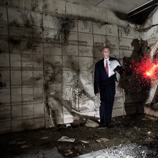 Image similar to putin with a chainsaw and a corpse. in a concrete bunker. focus on putins face with blood splatters. canon eos r 3, f / 1. 4, iso 1 6 0 0, 1 / 8 0 s, 8 k, raw, grainy