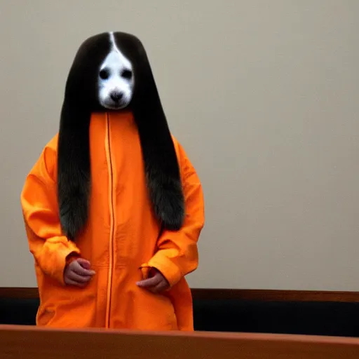 Prompt: a baby harp seal in an orange prisoner jumpsuit at the witness stand, courtroom, news photography