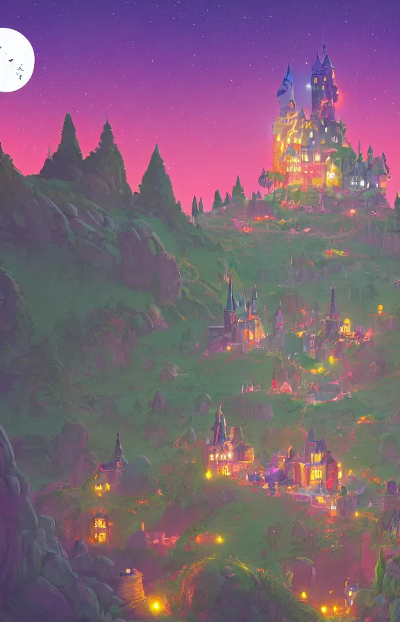 Image similar to magical castle school on a hill, dreamworks, sharp focus, highly detailed, james gilleard, simon stalenhag, bright colors, close up, print, game art