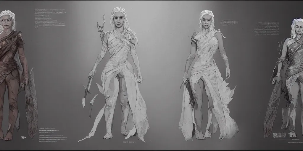 Image similar to daenerys targaryen, character sheet, concept design, contrast, kim jung gi, greg rutkowski, zabrocki, karlkka, jayison devadas, trending on artstation, 8 k, ultra wide angle, pincushion lens effect