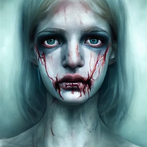 Prompt: high-quality beautifully done centered portrait of a pretty female zombie without a nose and rough pale dirty skin showing a lot of the thin veins underneath, slanted upturned white eyes::trending on artstation, featured on behance::art by Artgerm and Alessio Albi and Heather Theurer::natural lighting, identical eyes, beautiful eyes medium shot, slender symmetrical face and body, hyper-detailed, single face, insanely detailed and intricate