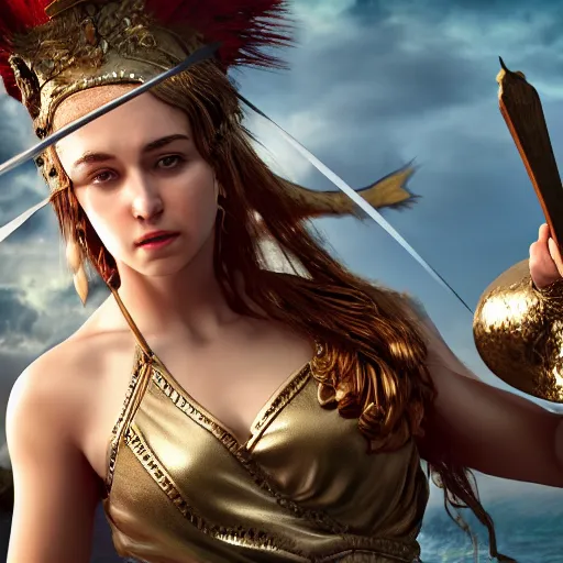 Prompt: Greek goddess Athena fighting with stupidity, realistic person, spear in the right hand, long hair, natural look, hyper realistic, highly detailed, 4k, battle landscape