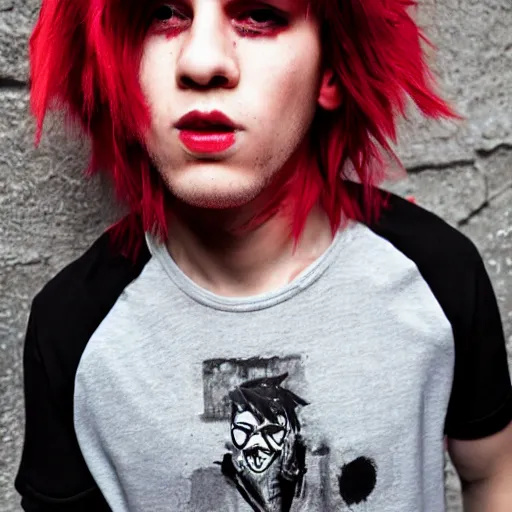 Image similar to young man with a short red dyed mohawk, red eyes and a slim face, dressed in punk clothing, punk style, headshot photo, attractive, handsome, in color,