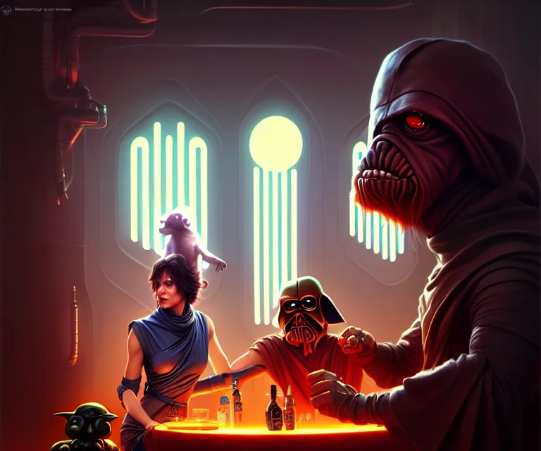 Prompt: grogu meets luke skywalker at the cantina in moss eisley, dramatic lighting, electrical details, high details, 8 k, best, accurate, trending on artstation, photorealism, ultrarealistic, digital painting, style of peter mohrbacher, caravaggio, boris vallejo