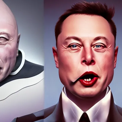 Image similar to Elon Musk as a laughing Dr Evil with his little finger pointed at his mouth, portrait, sharp focus, digital art, Hyper-realistic, 4K, Unreal Engine, Highly Detailed, HD, Dramatic Lighting by Brom, trending on Artstation