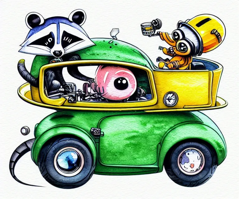 Image similar to cute and funny, racoon wearing a helmet, riding in a tiny hot rod with oversized engine | ratfink style by ed roth, centered award winning watercolor pen illustration, isometric illustration by chihiro iwasaki, edited by range murata, tiny details by artgerm, symmetrically isometrically centered