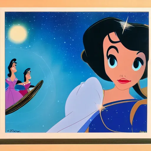 Prompt: disney film cel ( 1 9 5 9 ), hispanic princess looking up dreamily at the stars, glen keane, colorful