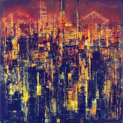 Prompt: ochre, low poly by hein gorny, by mark lague ecstatic. assemblage. a beautiful, but eerie, illustration of a cityscape at night. the buildings are all tall & thin, & they are lit up by a strange light. the sky is deep & dark & there are no stars to be seen.
