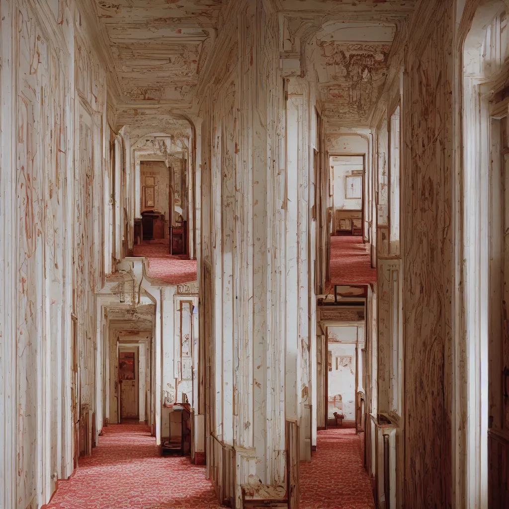 Image similar to photograph of a hallway in the style of Wes Anderson, architecture magazine, dezeen, 50mm, pentax, film