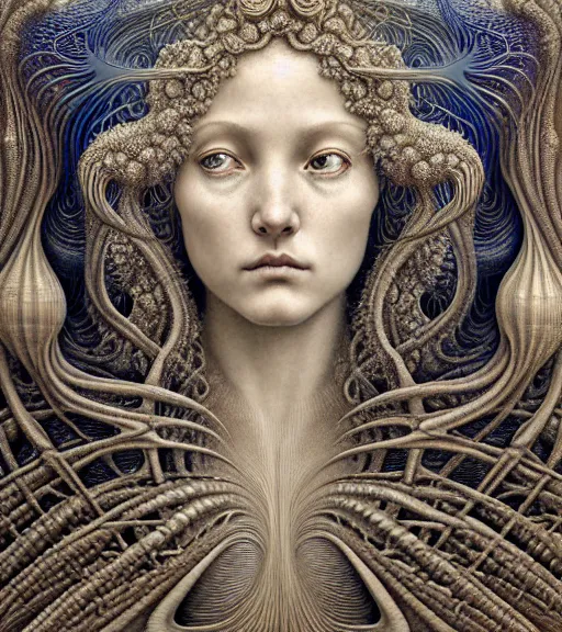 Prompt: detailed realistic beautiful beach goddess face portrait by jean delville, gustave dore, iris van herpen and marco mazzoni, art forms of nature by ernst haeckel, art nouveau, symbolist, visionary, gothic, neo - gothic, pre - raphaelite, fractal lace, intricate alien botanicals, ai biodiversity, surreality, hyperdetailed ultrasharp octane render