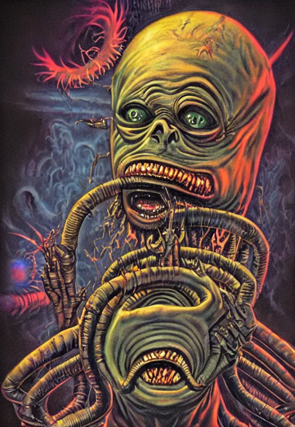 Image similar to subgenius, x - day, aliens, weird stuff, occult stuff, devil stuff, the movie the thing, extreme detail, muted colors, vintage, hyperrealism, stage lighting