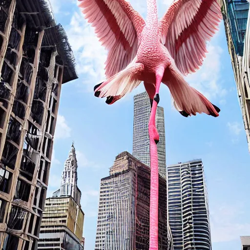 Image similar to photo of a giant real flamingo towering above a city