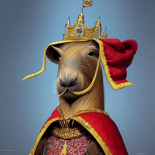 Image similar to detailed photorealistic painting of a capybara, wearing a ultra detailed ornamented gold crown with diamonds, in a highly detailed medieval knight armor with red cape, standing in front of a photorealistic detailed castle, sharp focus in the style of ruan jia, Mandy jurgens, cinematic light, concept art, trending on artstation, ultra realistic, 8k octane render, unreal engine