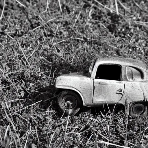 Prompt: an old little tykes toy car, abandoned on the side of the road. weeds are overgrown and the eyes on the car look slightly angry. the wheels seem to be turning into hands. black and white photo. surrealism.