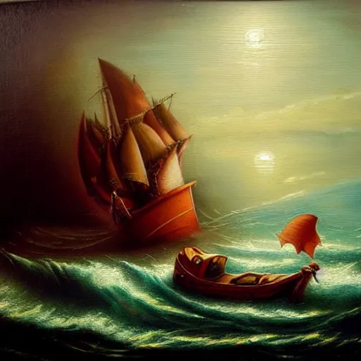 Image similar to ship arriving too late to save a drowning witch. Immaculate oil painting, award winning oil painting. Gloomy color pallette. Strong presence of light.