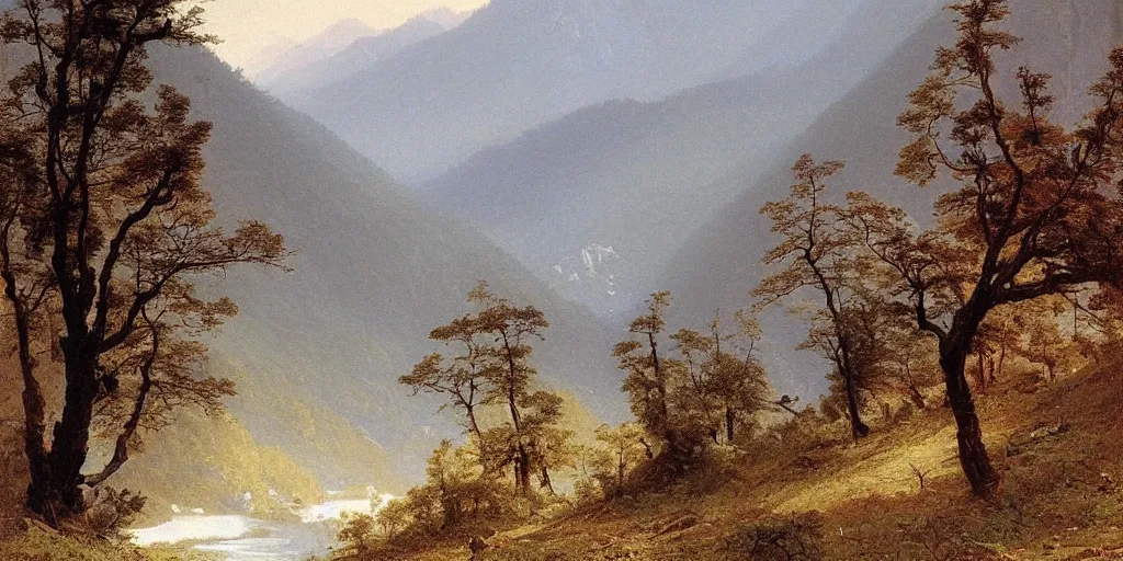 Image similar to art by alexandre calame of the cinematic view of the jiuzhaigou valley forest