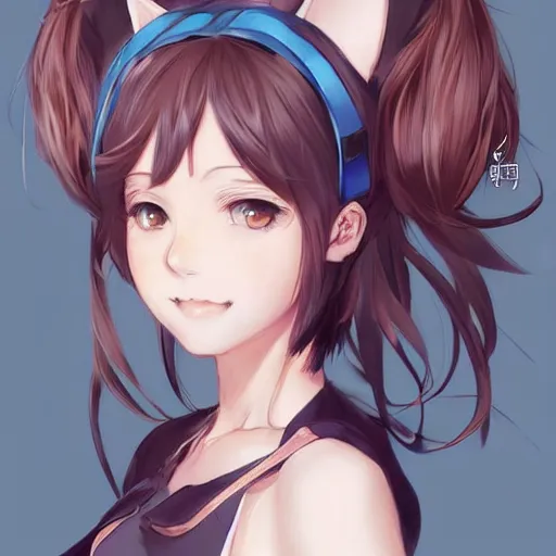 Image similar to A full body anime portrait of beautiful girl with cat ears, wearing a tank top and blue jean shorts; by Stanley Artgerm Lau, WLOP, Rossdraws, James Jean, Andrei Riabovitchev, Marc Simonetti, and Sakimichan, trending on artstation