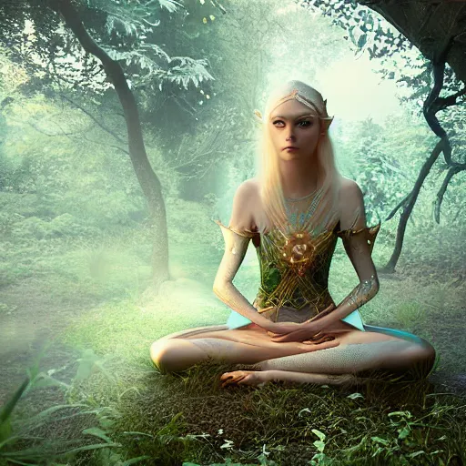 Prompt: elven princess meditating in forest, digital art, octane render, ultra detailed, intricate, sacred geometry, serene, beautiful