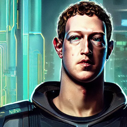 Prompt: front view, imposing, ominous portrait of cyborg Mark Zuckerberg as a cyberpunk 2077 loading screen, symmetry, front view, intricate, studio, art by anthony macbain + greg rutkowski + alphonse mucha, concept art, 4k, sharp focus