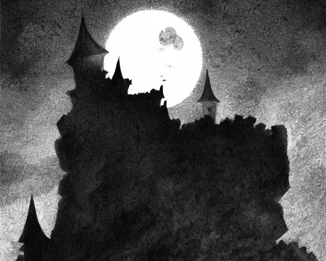 Prompt: dracula's castle rising up from the mist at night silhouetted by a single huge bloodmoon by marvel comics, stunning, comic, pen and ink, slash page, highly detailed