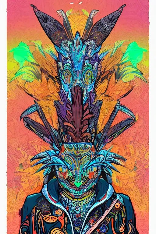 Image similar to animal mask totem roots flower tribal feather gemstone plant wood rock shaman vodoo video game vector cutout illustration vivid multicolor borderlands comics by josan gonzales and dan mumford radiating a glowing aura