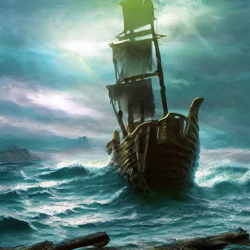 Image similar to wooden shipwreck of old pirate ship on rocks at sea, dramatic lighting, sun beams, god rays illuminating wreck, dark background, gloomy green sea, fantasy art, painting, concept art, oil painting, brushstrokes