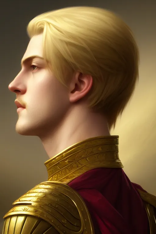 Prompt: a portrait of a blonde male prince, side profile, illustration, soft lighting, soft details, dark mood, painting oil on canvas by Edmund Blair Leighton and Charlie Bowater octane render trending on artstation d&d characters, 4k, 8k, HD