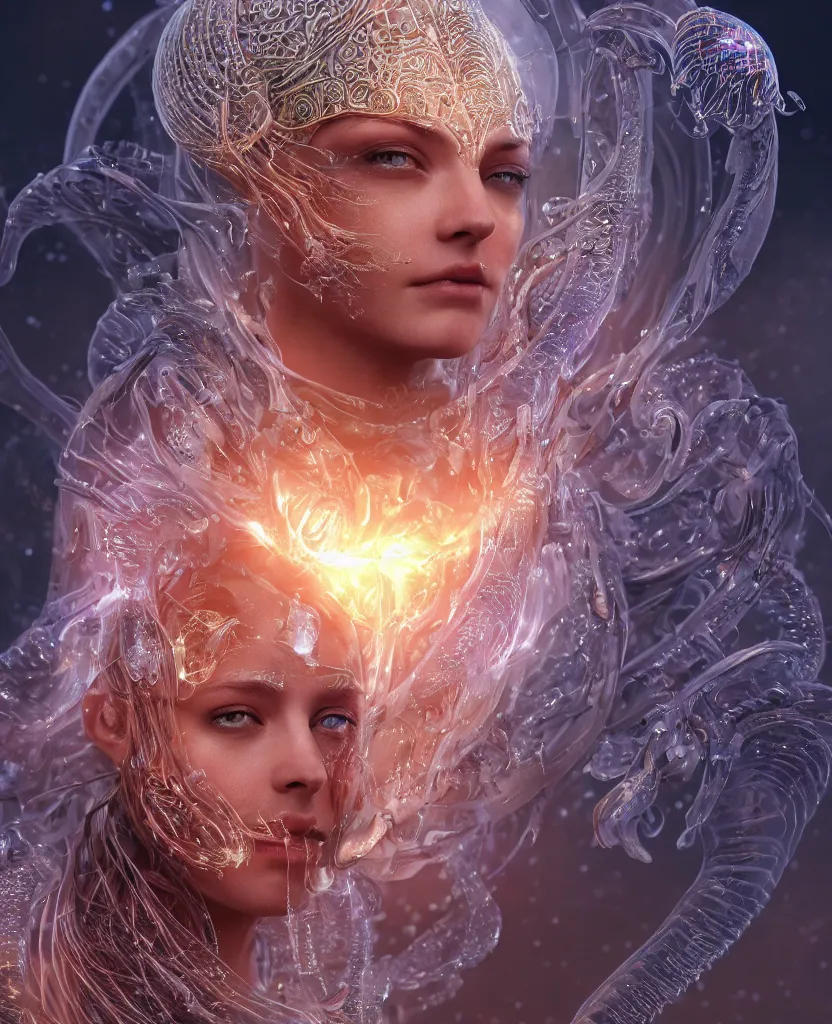 Image similar to epic medieval futuristic close-up macro portrait of the face of a beautiful princess, epic angle and pose, symmetrical artwork, 3d with depth of field, blurred background, cybernetic jellyfish female face skull phoenix bird, translucent, nautilus, energy flows of water and fire. a highly detailed epic cinematic concept art CG render. made in Maya, Blender and Photoshop, octane render, excellent composition, cinematic dystopian brutalist atmosphere, dynamic dramatic cinematic lighting, aesthetic, very inspirational, arthouse. y Greg Rutkowski, Ilya Kuvshinov, WLOP, Stanley Artgerm Lau, Ruan Jia and Fenghua Zhong