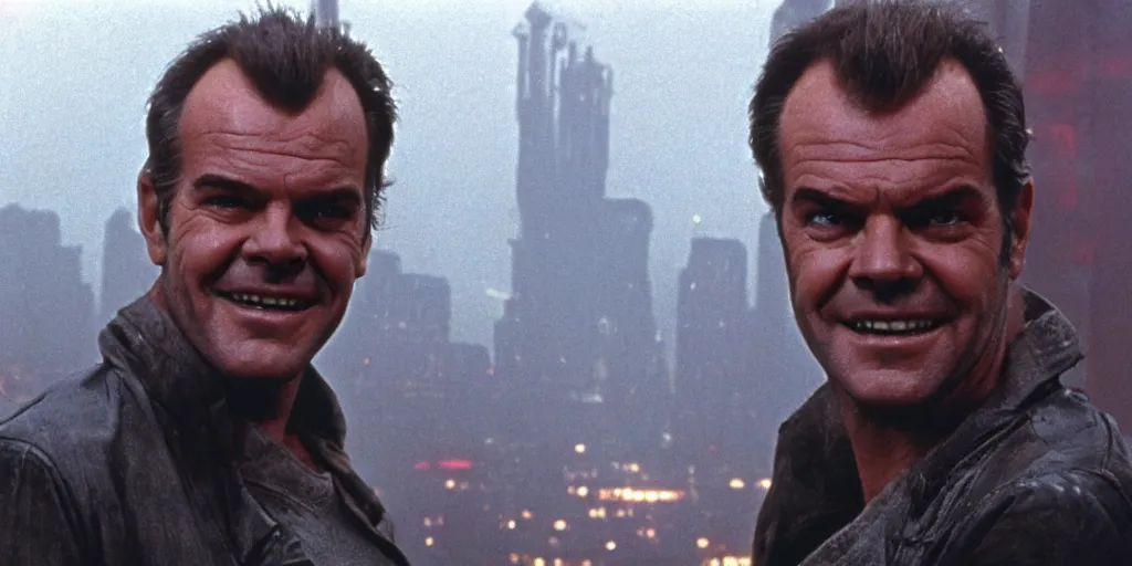 Image similar to young Jack Nicholson as Rick Deckard on blade runner 1982, smiling, looking up, the city can be seen in the background, 35mm, movie still, in color, movie frame, detailed face, symmetrical face, 4k