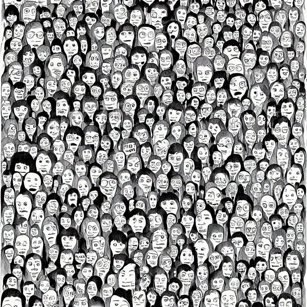 Prompt: 1000's cartoon faces made of cartoon faces, by Mattias Adolfsson!!!!, greeble!!, extremely detailed ink painting