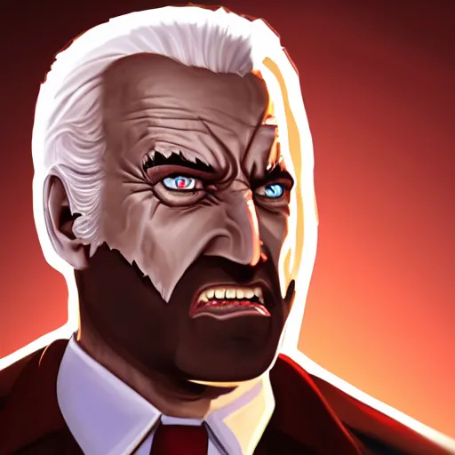 Image similar to angry joe biden with glowing white eyes, detailed, artstation